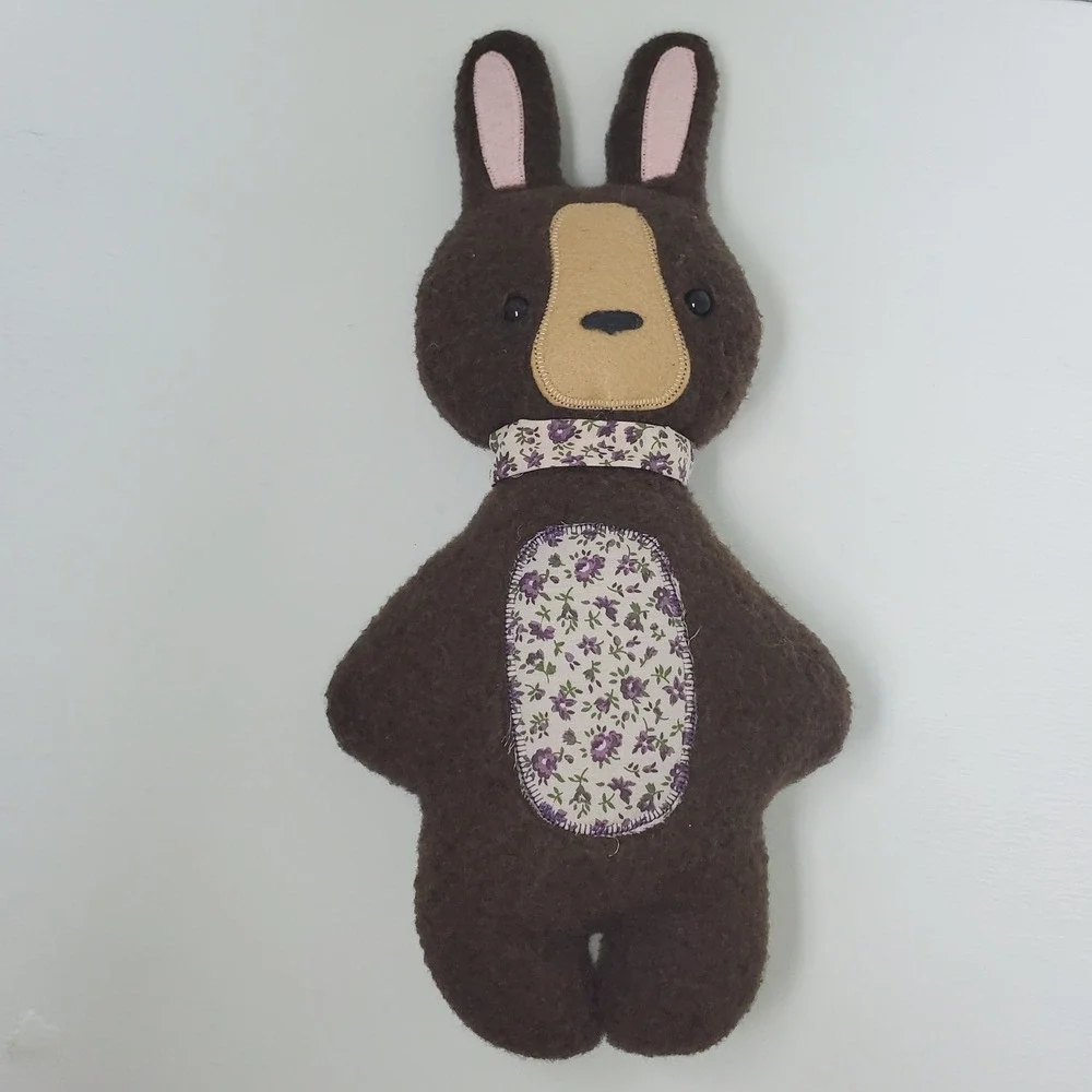 Brown Plush‎ Bunny Rabbit Stuffed Animal VTG Floral Patchwork Accent Handmade